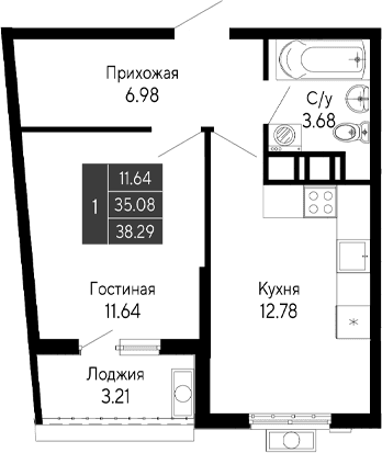 1-комн., 35.08 м²