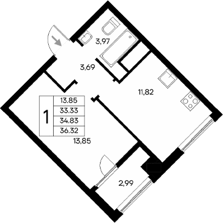 1-комн., 33.33 м²