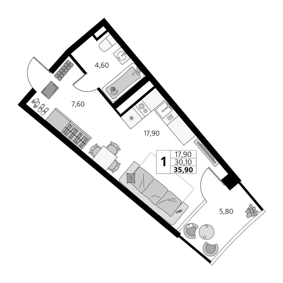 Студия, 30.1 м²