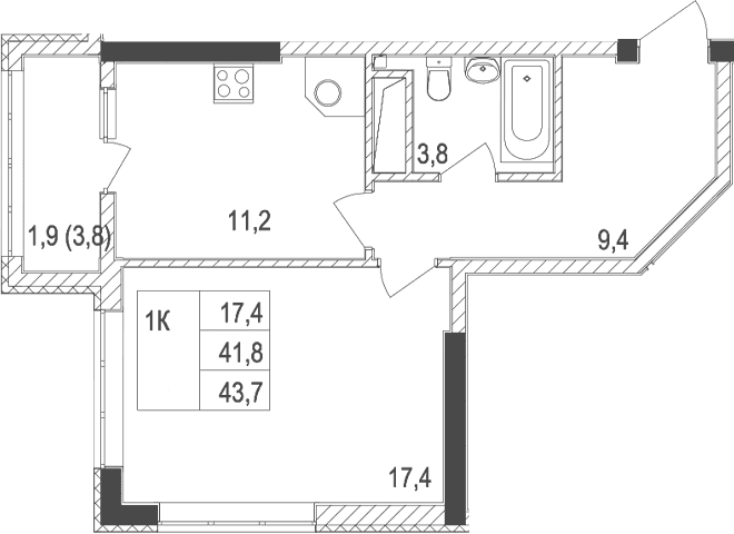 1-комн., 41.8 м²