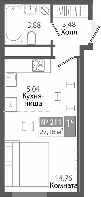 Студия, 27.16 м²