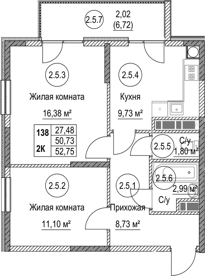 2-комн., 50.73 м²