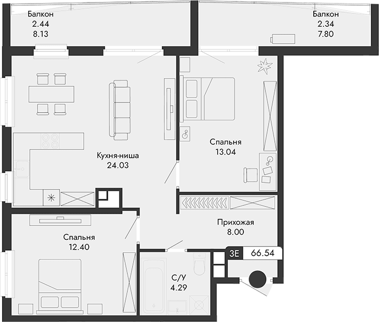 3-комн., 61.76 м²