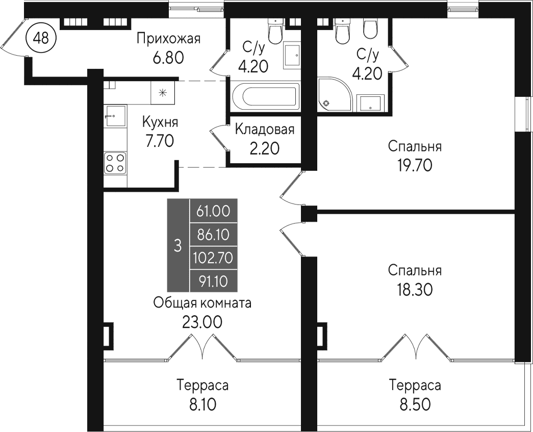 3-комн., 86.1 м²