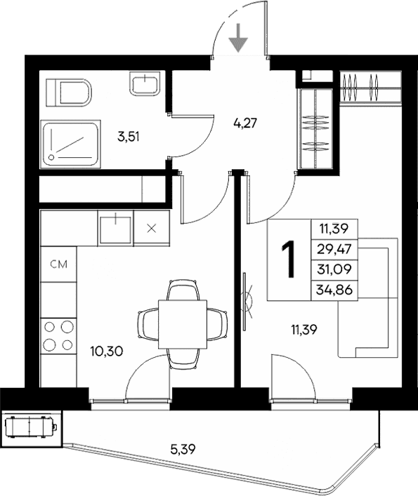 1-комн., 29.47 м²