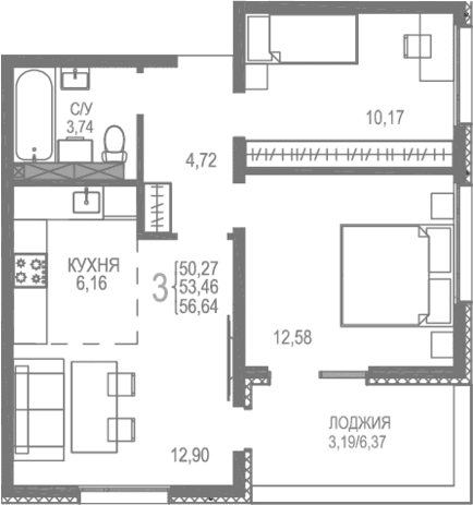 3-комн., 53.45 м²