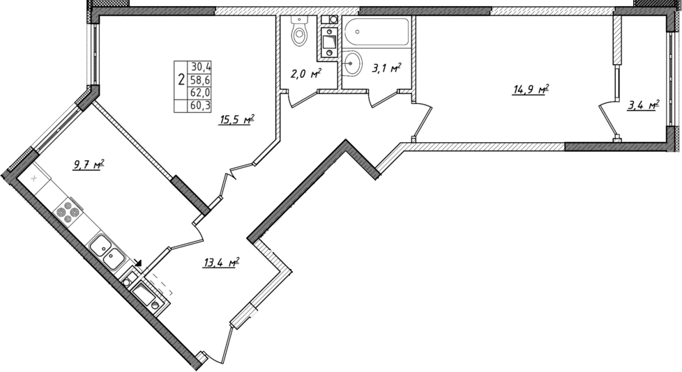 2-комн., 58.6 м²