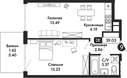 2-комн., 37.41 м²