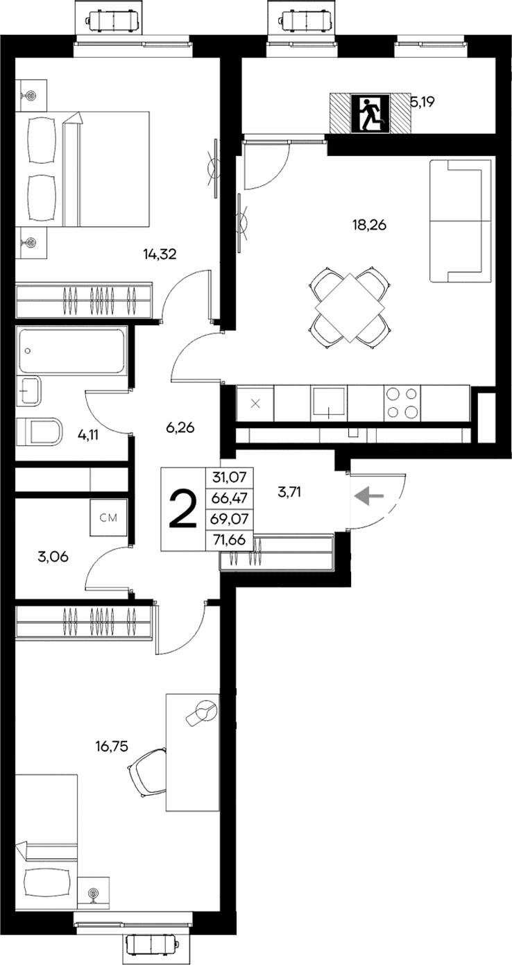 2-комн., 66.47 м²