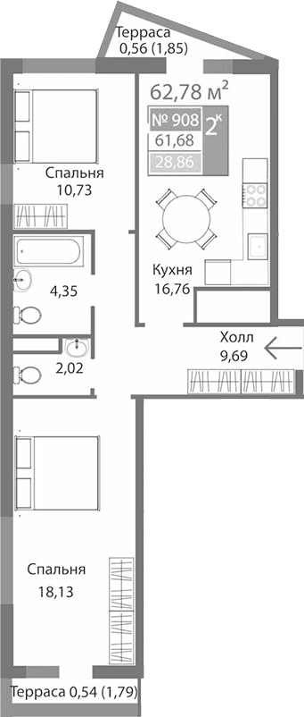2-комн., 61.68 м²