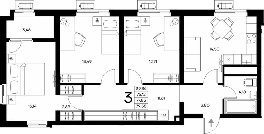 3-комн., 76.12 м²