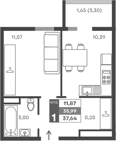 1-комн., 34.34 м²