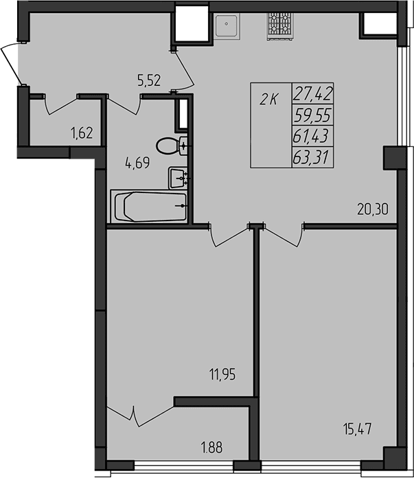 2-комн., 59.55 м²