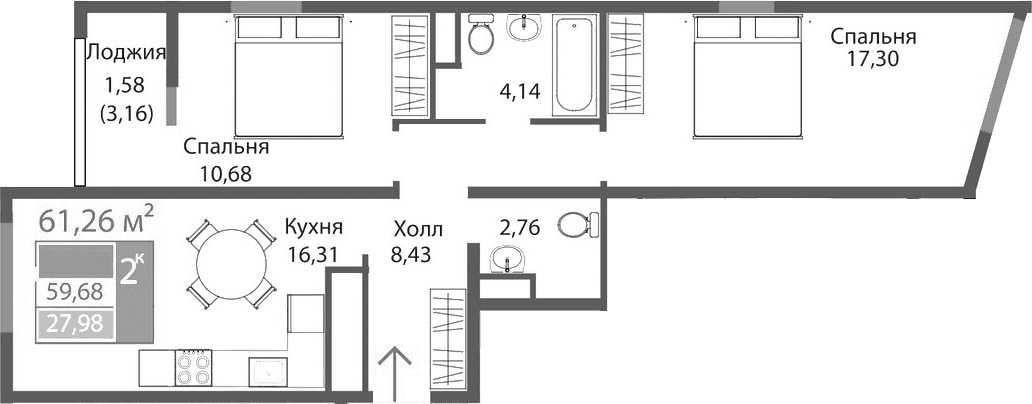 2-комн., 59.62 м²
