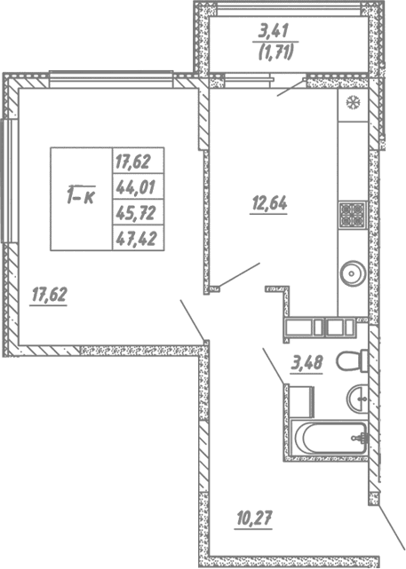 1-комн., 44.01 м²