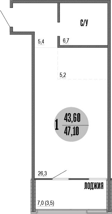 Студия, 43.9 м²