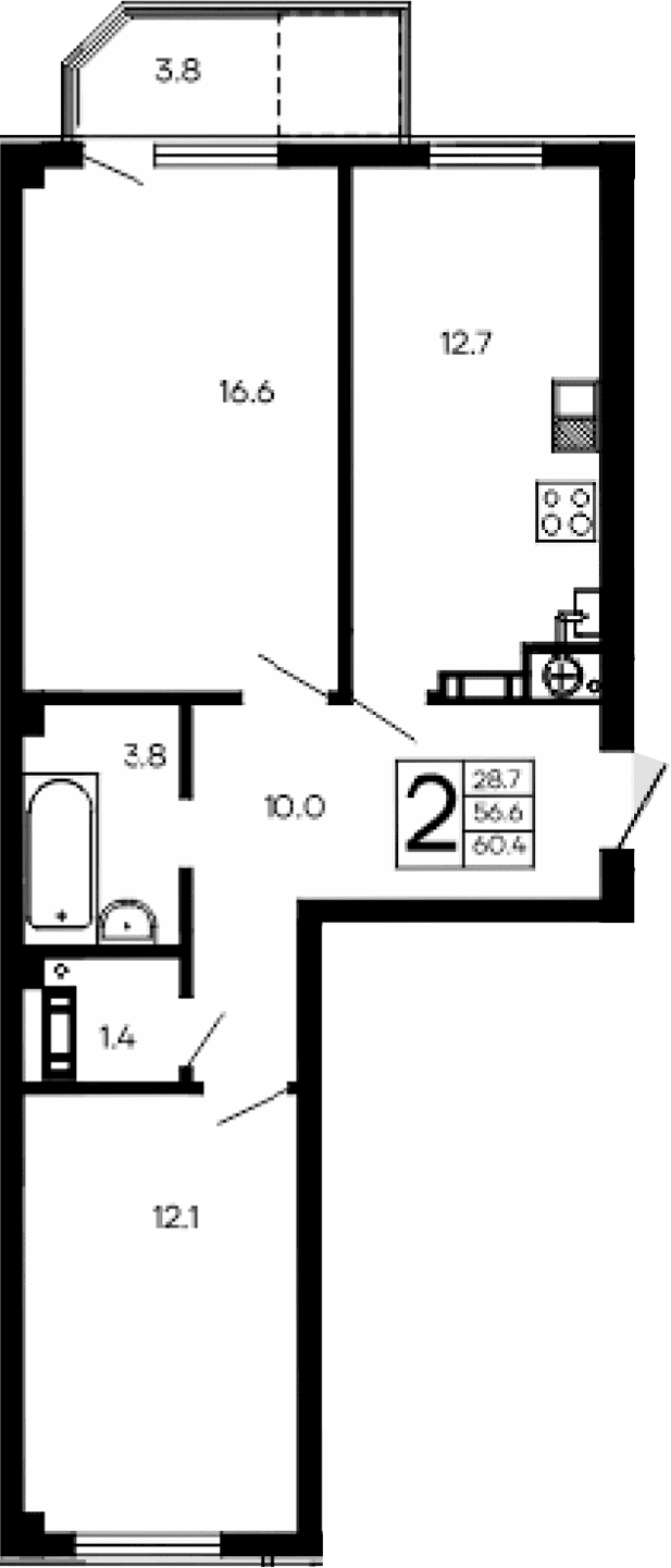 2-комн., 56.6 м²