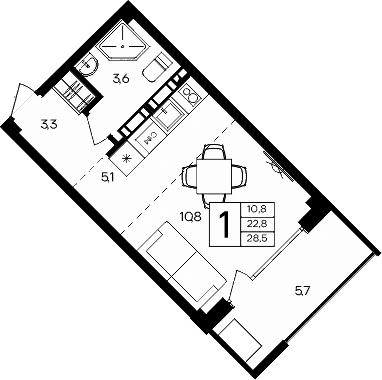 Студия, 22.8 м²