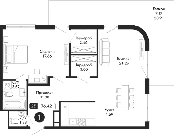 2-комн., 69.25 м²