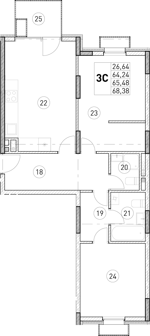 3-комн., 64.24 м²