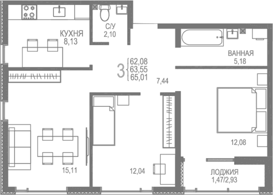 3-комн., 63.54 м²