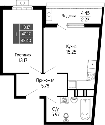 2-комн., 40.17 м²