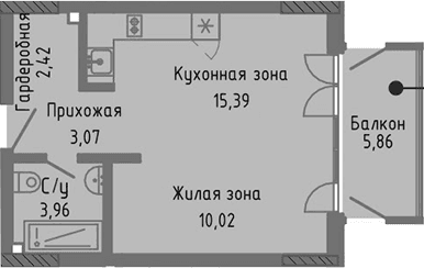Студия, 34.86 м²