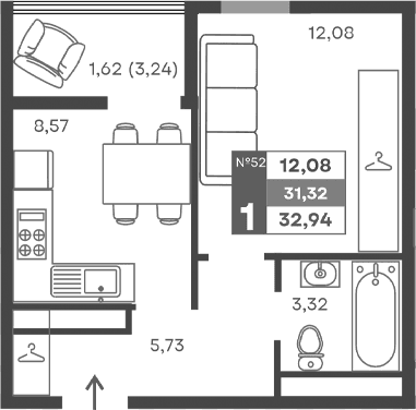 1-комн., 29.7 м²