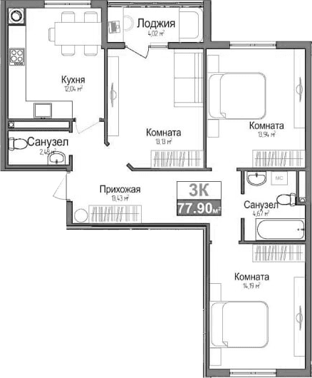 3-комн., 73.88 м²