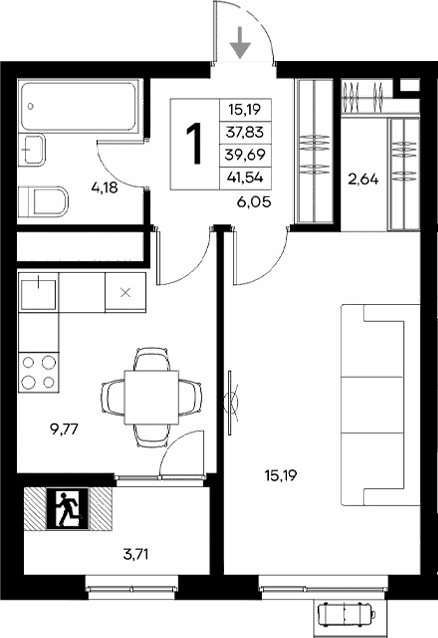 1-комн., 37.83 м²