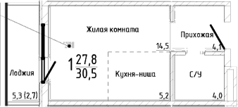 Студия, 27.8 м²