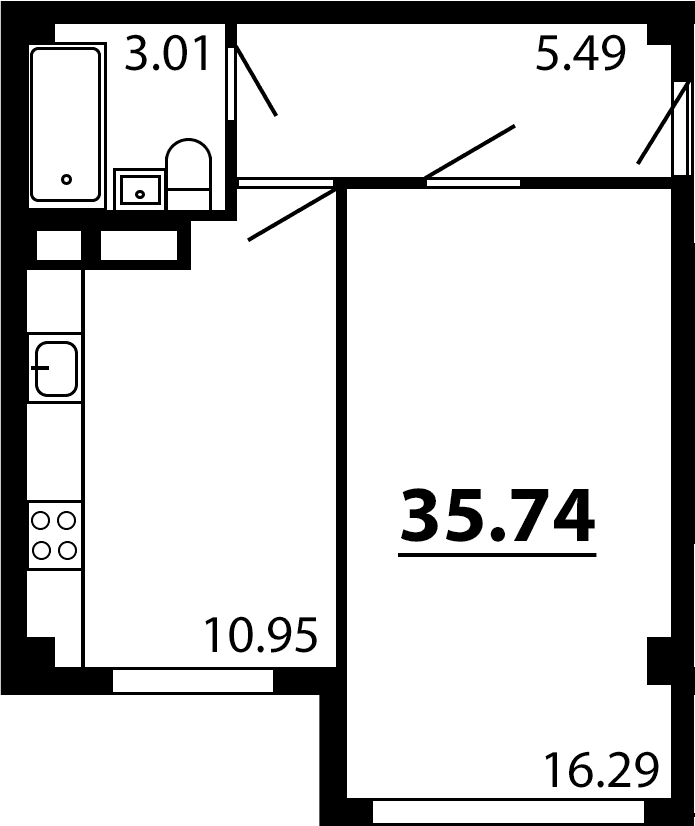 1-комн., 35.74 м²