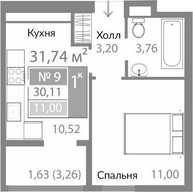 1-комн., 33.34 м²