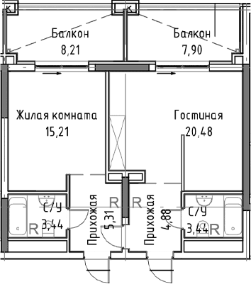 2-комн., 64.04 м²