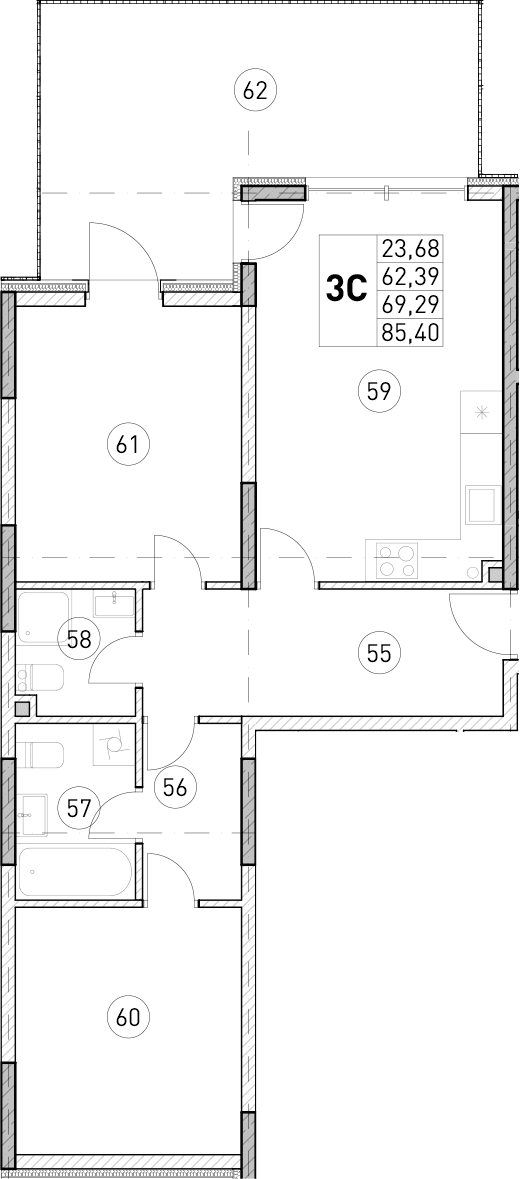 2-комн., 62.39 м²