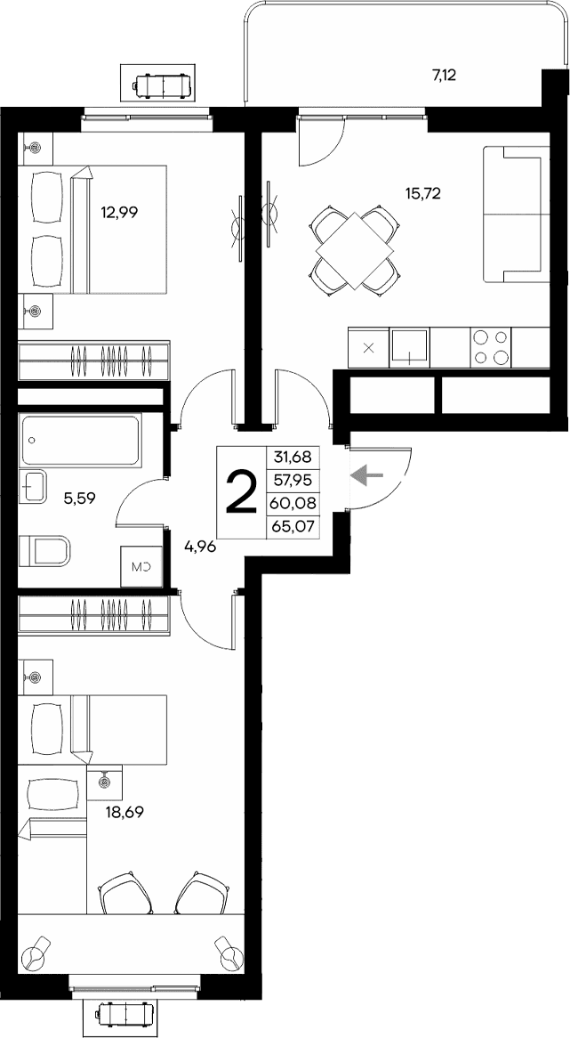2-комн., 57.95 м²