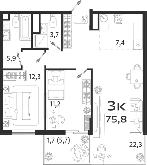 3-комн., 70.1 м²