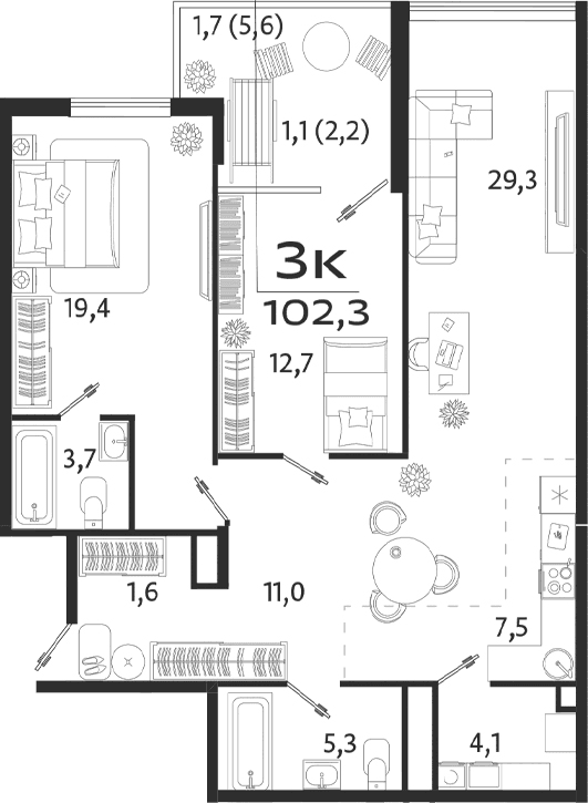 3-комн., 94.5 м²