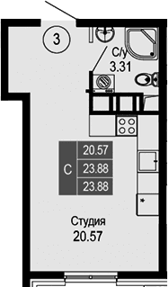 Студия, 23.88 м²