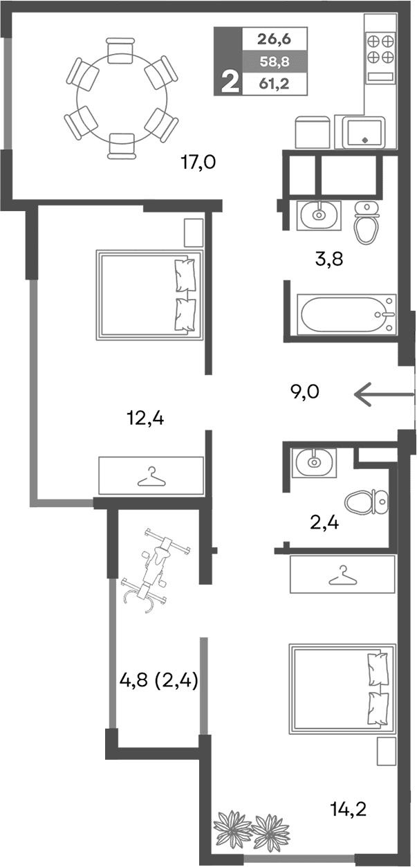 3-комн., 58.8 м²