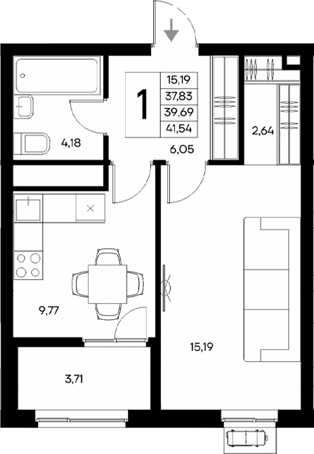 1-комн., 37.83 м²