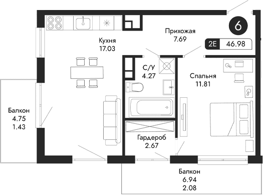 2-комн., 43.47 м²