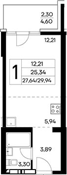 Студия, 27.64 м²