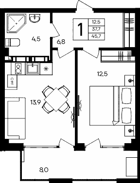 1-комн., 37.7 м²