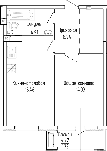 1-комн., 44.14 м²