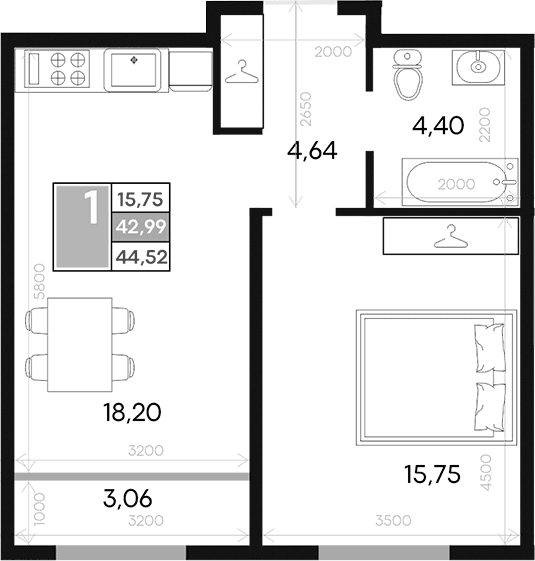 1-комн., 42.99 м²