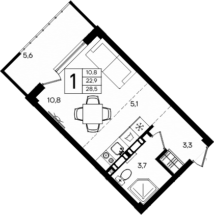 Студия, 22.9 м²