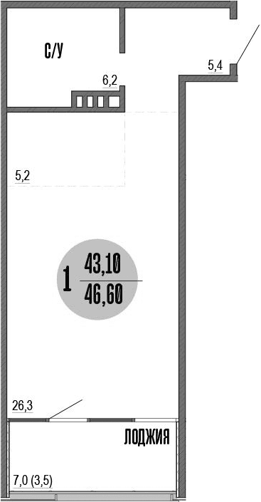 Студия, 43.4 м²