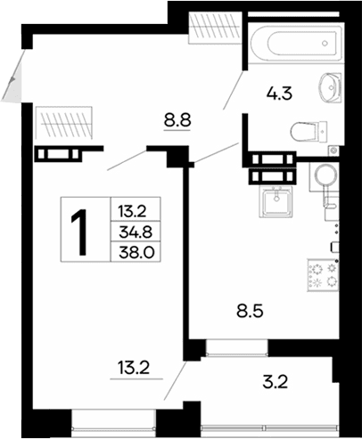 1-комн., 34.8 м²