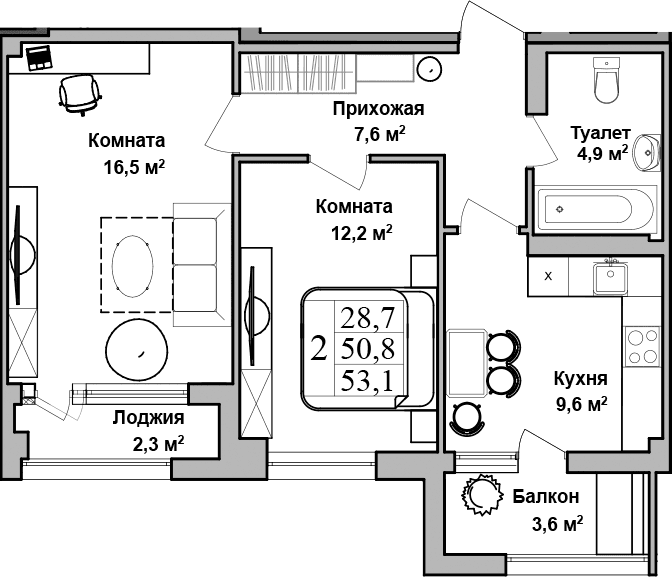 2-комн., 50.87 м²